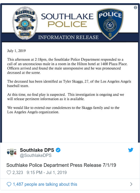 Twitter post by @SouthlakeDPS: Southlake Police Department Press Release 7/1/19 