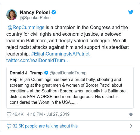 Twitter waxaa daabacay @SpeakerPelosi: .@RepCummings is a champion in the Congress and the country for civil rights and economic justice, a beloved leader in Baltimore, and deeply valued colleague. We all reject racist attacks against him and support his steadfast leadership. #ElijahCummingsIsAPatriot 