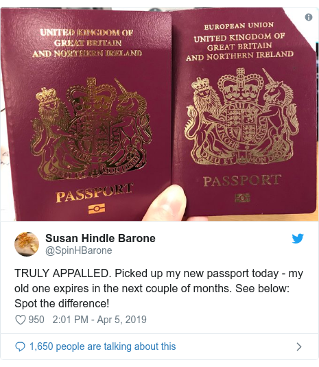 Twitter post by @SpinHBarone: TRULY APPALLED. Picked up my new passport today - my old one expires in the next couple of months. See below  Spot the difference! 