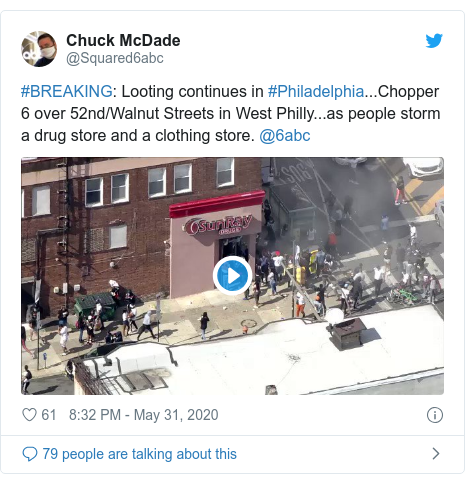 Ujumbe wa Twitter wa @Squared6abc: #BREAKING  Looting continues in #Philadelphia...Chopper 6 over 52nd/Walnut Streets in West Philly...as people storm a drug store and a clothing store. @6abc 