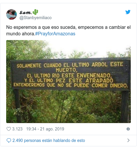 Publicación de Twitter por @Stanbyemiliaco: No esperemos a que eso suceda, empecemos a cambiar el mundo ahora.#PrayforAmazonas 