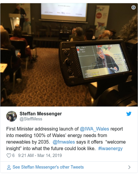 Twitter post by @SteffMess: First Minister addressing launch of @IWA_Wales report into meeting 100% of Wales’ energy needs from renewables by 2035. @fmwales says it offers “welcome insight” into what the future could look like. #iwaenergy 