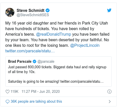 Twitter waxaa daabacay @SteveSchmidtSES: My 16 year old daughter and her friends in Park City Utah have hundreds of tickets. You have been rolled by America’s teens. @realDonaldTrump you have been failed by your team. You have been deserted by your faithful. No one likes to root for the losing team. @ProjectLincoln 