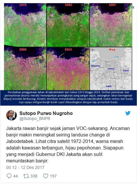 Twitter pesan oleh @Sutopo_BNPB: Jakarta rawan banjir sejak jaman VOC-sekarang. Ancaman banjir makin meningkat seiring landuse change di Jabodetabek. Lihat citra satelit 1972-2014, warna merah adalah kawasan terbangun, hijau pepohonan. Siapapun yang menjadi Gubernur DKI Jakarta akan sulit menuntaskan banjir.
