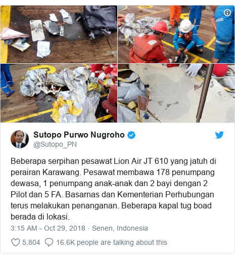 Twitter post by @Sutopo_PN: Beberapa serpihan pesawat Lion Air JT 610 yang jatuh di perairan Karawang. Pesawat membawa 178 penumpang dewasa, 1 penumpang anak-anak dan 2 bayi dengan 2 Pilot dan 5 FA. Basarnas dan Kementerian Perhubungan terus melakukan penanganan. Beberapa kapal tug boad berada di lokasi. 