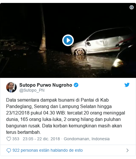 Publicación de Twitter por @Sutopo_PN: Data sementara dampak tsunami di Pantai di Kab Pandeglang, Serang dan Lampung Selatan hingga 23/12/2018 pukul 04.30 WIB  tercatat 20 orang meninggal dunia, 165 orang luka-luka, 2 orang hilang dan puluhan bangunan rusak. Data korban kemungkinan masih akan terus bertambah. 