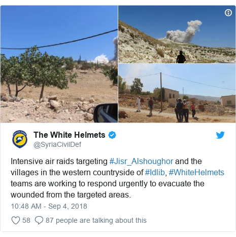 Twitter post by @SyriaCivilDef: Intensive air raids targeting #Jisr_Alshoughor and the villages in the western countryside of #Idlib, #WhiteHelmets teams are working to respond urgently to evacuate the wounded from the targeted areas. 