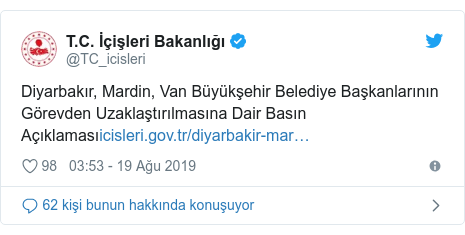 @TC_icisleri tarafından yapılan Twitter paylaşımı: Diyarbakır, Mardin, Van Büyükşehir Belediye Başkanlarının Görevden Uzaklaştırılmasına Dair Basın Açıklaması