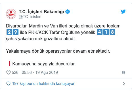 @TC_icisleri tarafından yapılan Twitter paylaşımı: Diyarbakır, Mardin ve Van illeri başta olmak üzere toplam 2️⃣9️⃣ ilde PKK/KCK Terör Örgütüne yönelik 4️⃣1️⃣8️⃣ şahıs yakalanarak gözaltına alındı.Yakalamaya dönük operasyonlar devam etmektedir.❗Kamuoyuna saygıyla duyurulur.