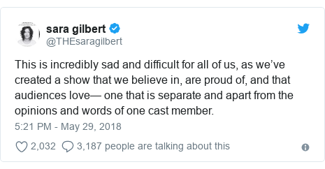 Twitter post by @THEsaragilbert: This is incredibly sad and difficult for all of us, as we”™ve created a show that we believe in, are proud of, and that audiences love”” one that is separate and apart from the opinions and words of one cast member.
