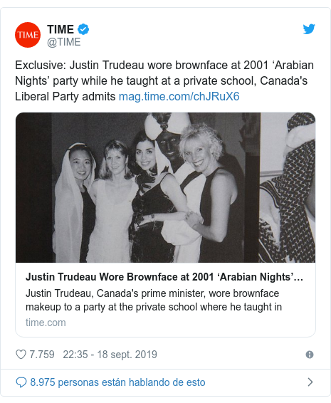 Publicación de Twitter por @TIME: Exclusive  Justin Trudeau wore brownface at 2001 ‘Arabian Nights’ party while he taught at a private school, Canada‘s Liberal Party admits 