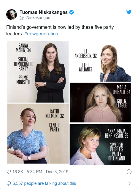 Twitter post by @TNiskakangas: Finland’s government is now led by these five party leaders. #newgeneration 