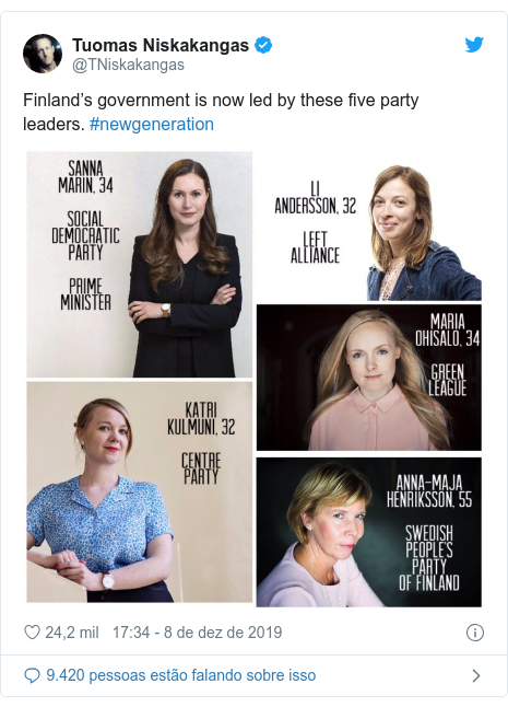 Twitter post de @TNiskakangas: Finland’s government is now led by these five party leaders. #newgeneration 