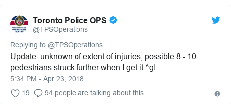 Twitter post by @TPSOperations: Update unknown of extent of injuries, possible 8 - 10 pedestrians struck further when I get it ^gl