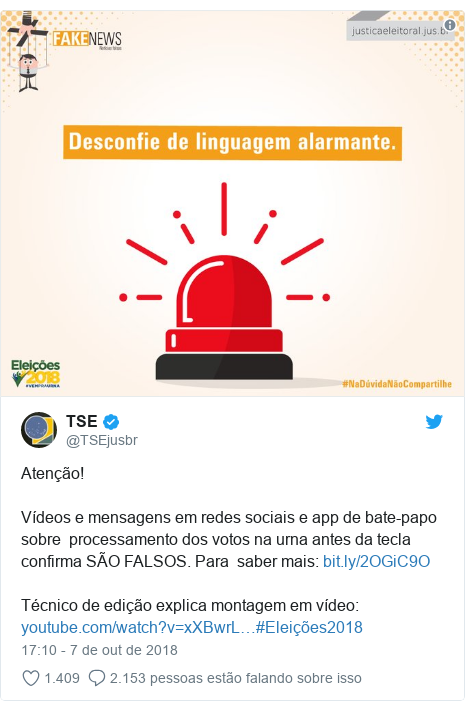 Twitter post de @TSEjusbr: Atenção! Vídeos e mensagens em redes sociais e app de bate-papo sobre  processamento dos votos na urna antes da tecla confirma SÃO FALSOS. Para  saber mais   Técnico de edição explica montagem em vídeo  #Eleições2018 