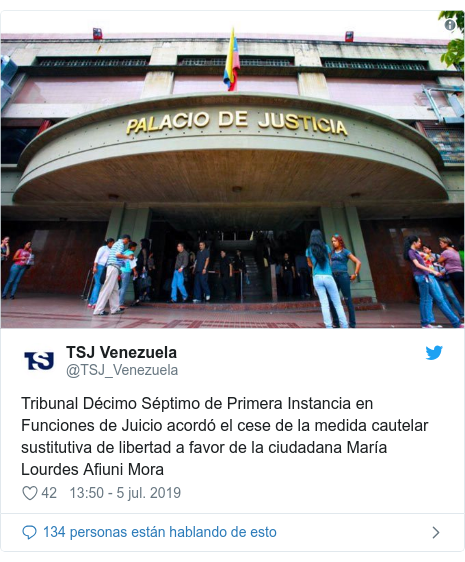 Publicación de Twitter por @TSJ_Venezuela: Tribunal Décimo Séptimo de Primera Instancia en Funciones de Juicio acordó el cese de la medida cautelar sustitutiva de libertad a favor de la ciudadana María Lourdes Afiuni Mora 