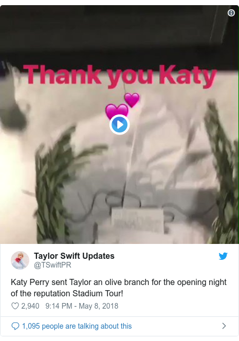 Twitter post by @TSwiftPR: Katy Perry sent Taylor an olive branch for the opening night of the reputation Stadium Tour! 