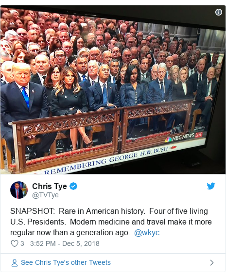 Twitter post by @TVTye: SNAPSHOT   Rare in American history.  Four of five living U.S. Presidents.  Modern medicine and travel make it more regular now than a generation ago.  @wkyc 