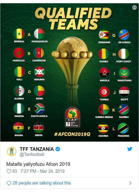 Ujumbe wa Twitter wa @Tanfootball: Mataifa yaliyofuzu Afcon 2019 