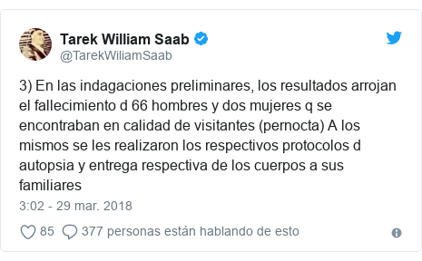 Publicación de Twitter por @TarekWiliamSaab: 3) En las indagaciones preliminares, los resultados arrojan el fallecimiento d 66 hombres y dos mujeres q se encontraban en calidad de visitantes (pernocta) A los mismos se les realizaron los respectivos protocolos d autopsia y entrega respectiva de los cuerpos a sus familiares