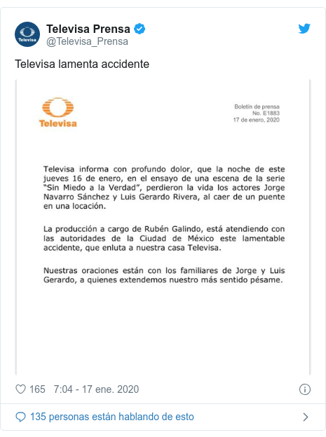 Publicación de Twitter por @Televisa_Prensa: Televisa lamenta accidente 