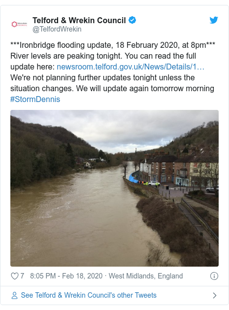 Twitter post by @TelfordWrekin: ***Ironbridge flooding update, 18 February 2020, at 8pm*** River levels are peaking tonight. You can read the full update here   We're not planning further updates tonight unless the situation changes. We will update again tomorrow morning #StormDennis 
