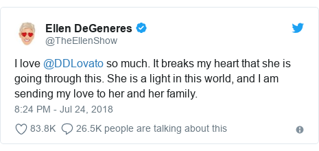Twitter post by @TheEllenShow: I love @DDLovato so much. It breaks my heart that she is going through this. She is a light in this world, and I am sending my love to her and her family.
