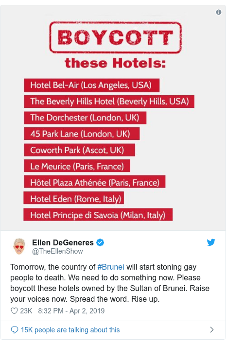 Twitter post by @TheEllenShow: Tomorrow, the country of #Brunei will start stoning gay people to death. We need to do something now. Please boycott these hotels owned by the Sultan of Brunei. Raise your voices now. Spread the word. Rise up. 
