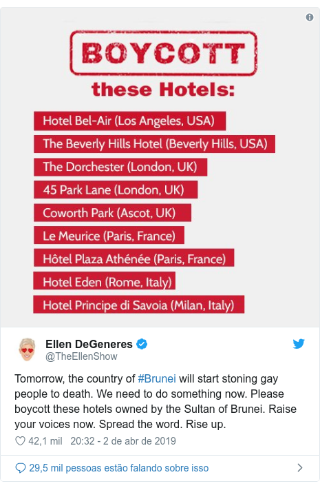 Twitter post de @TheEllenShow: Tomorrow, the country of #Brunei will start stoning gay people to death. We need to do something now. Please boycott these hotels owned by the Sultan of Brunei. Raise your voices now. Spread the word. Rise up. 