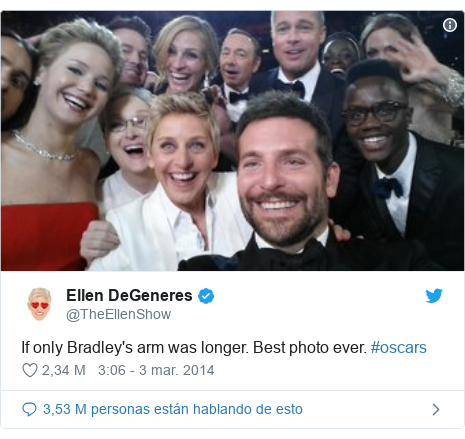 Publicación de Twitter por @TheEllenShow: If only Bradley's arm was longer. Best photo ever. #oscars 