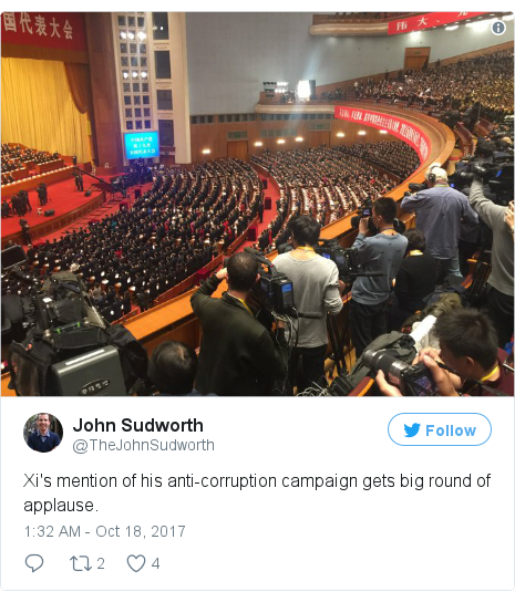 Twitter post by @TheJohnSudworth: Xi's mention of his anti-corruption campaign gets big round of applause. 