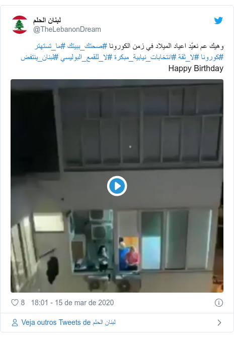 Twitter post de @TheLebanonDream: وهيك عم نعيّد اعياد الميلاد في زمن الكورونا ⁧#صحتك_ببيتك⁩ ⁧#ما_تستهتر⁩ ⁧#كورونا⁩ ⁧#لا_ثقة⁩ ⁧#انتخابات_نيابية_مبكرة⁩ ⁧#لا_للقمع_البوليسي⁩ ⁧#لبنان_ينتفض⁩ Happy Birthday 