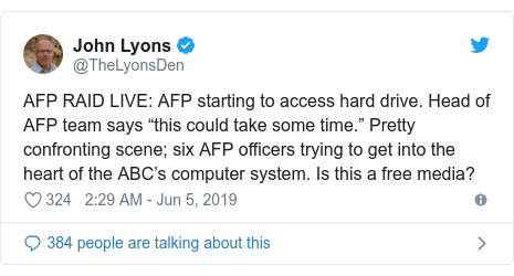 Twitter post by @TheLyonsDen: AFP RAID LIVE  AFP starting to access hard drive. Head of AFP team says “this could take some time.” Pretty confronting scene; six AFP officers trying to get into the heart of the ABC’s computer system. Is this a free media?