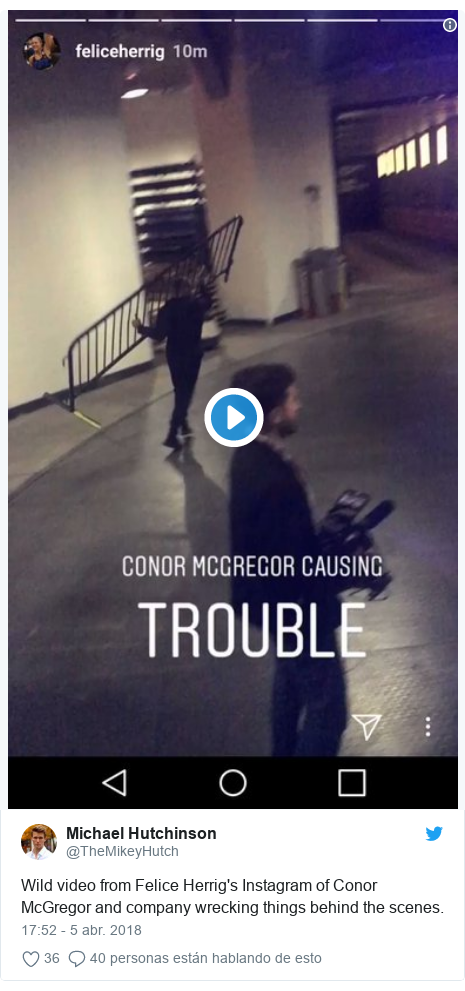 Publicación de Twitter por @TheMikeyHutch: Wild video from Felice Herrig's Instagram of Conor McGregor and company wrecking things behind the scenes. 