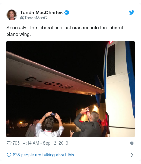 Twitter post by @TondaMacC: Seriously. The Liberal bus just crashed into the Liberal plane wing. 