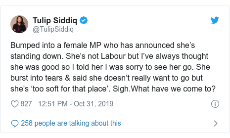 Twitter post by @TulipSiddiq: Bumped into a female MP who has announced she’s standing down. She’s not Labour but I’ve always thought she was good so I told her I was sorry to see her go. She burst into tears & said she doesn’t really want to go but she’s ‘too soft for that place’. Sigh.What have we come to?
