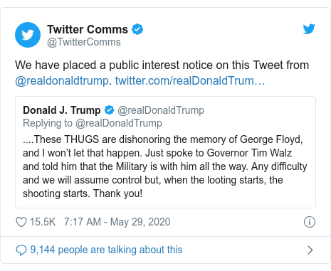 Twitter post by @TwitterComms: We have placed a public interest notice on this Tweet from @realdonaldtrump. 