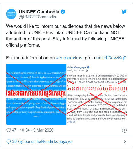 @UNICEFCambodia tarafından yapılan Twitter paylaşımı: We would like to inform our audiences that the news below attributed to UNICEF is fake. UNICEF Cambodia is NOT the author of this post. Stay informed by following UNICEF official platforms.For more information on #coronavirus, go to 