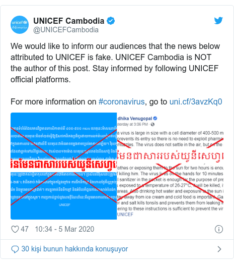 @UNICEFCambodia tarafından yapılan Twitter paylaşımı: We would like to inform our audiences that the news below attributed to UNICEF is fake. UNICEF Cambodia is NOT the author of this post. Stay informed by following UNICEF official platforms.For more information on #coronavirus, go to