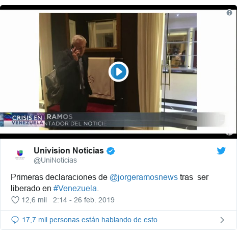 Publicación de Twitter por @UniNoticias: Primeras declaraciones de @jorgeramosnews tras  ser liberado en #Venezuela. 