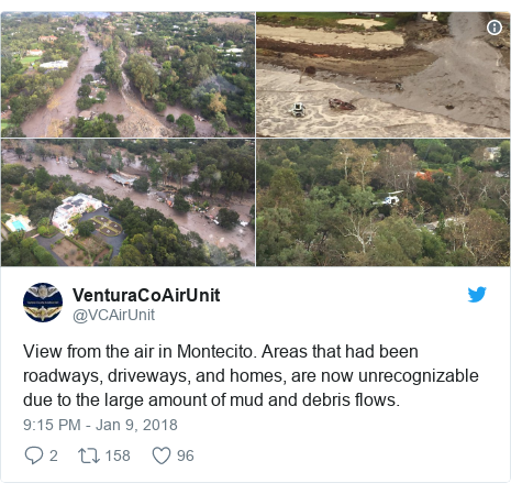 Twitter post by @VCAirUnit: View from the air in Montecito. Areas that had been roadways, driveways, and homes, are now unrecognizable due to the large amount of mud and debris flows. 