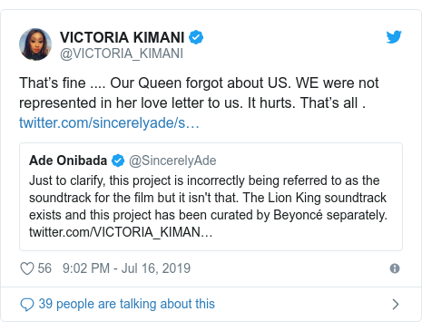Twitter post by @VICTORIA_KIMANI: ThatÃ¢Â€Â™s fine .... Our Queen forgot about US. WE were not represented in her love letter to us. It hurts. ThatÃ¢Â€Â™s all . 
