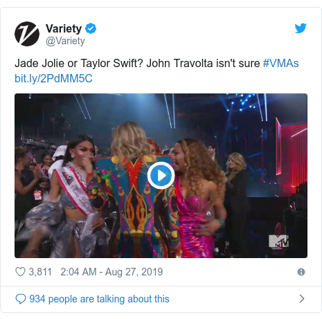 Twitter post by @Variety: Jade Jolie or Taylor Swift? John Travolta isn't sure #VMAs  