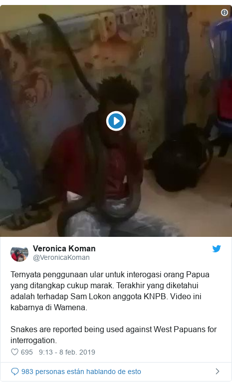 Publicación de Twitter por @VeronicaKoman: Ternyata penggunaan ular untuk interogasi orang Papua yang ditangkap cukup marak. Terakhir yang diketahui adalah terhadap Sam Lokon anggota KNPB. Video ini kabarnya di Wamena.Snakes are reported being used against West Papuans for interrogation. 