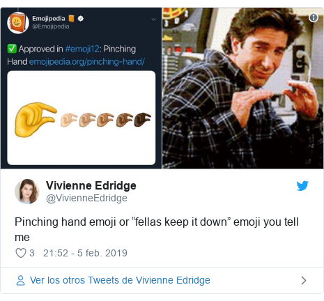 Publicación de Twitter por @VivienneEdridge: Pinching hand emoji or “fellas keep it down” emoji you tell me 