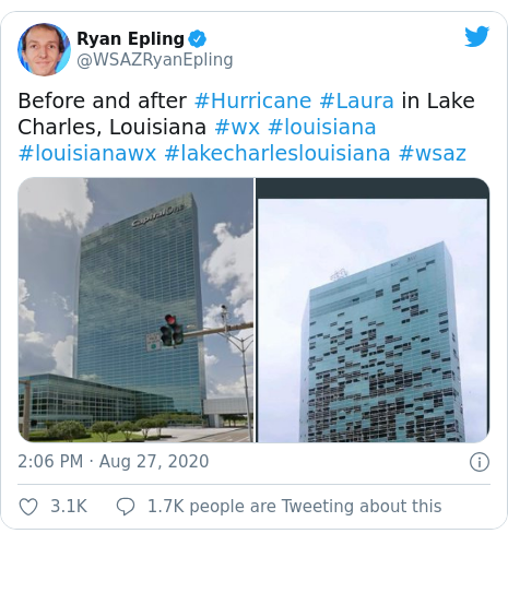 Twitter post by @WSAZRyanEpling: Before and after #Hurricane #Laura in Lake Charles, Louisiana #wx #louisiana #louisianawx #lakecharleslouisiana #wsaz 