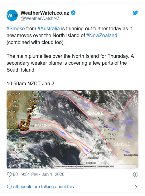 Twitter post by @WeatherWatchNZ: #Smoke from #Australia is thinning out further today as it now moves over the North Island of #NewZealand (combined with cloud too).The main plume lies over the North Island for Thursday. A secondary weaker plume is covering a few parts of the South Island.10 50am NZDT Jan 2 