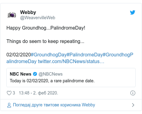 Twitter post by @WeavervilleWeb: Happy Groundhog...PalindromeDay!Things do seem to keep repeating...02/02/2020#GroundhogDay#PalindromeDay#GroundhogPalindromeDay 