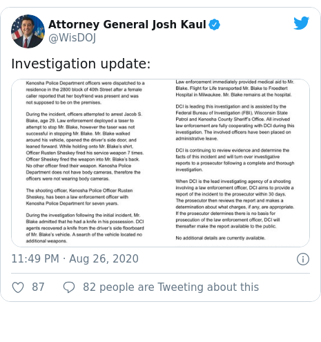 Twitter post by @WisDOJ: Investigation update  