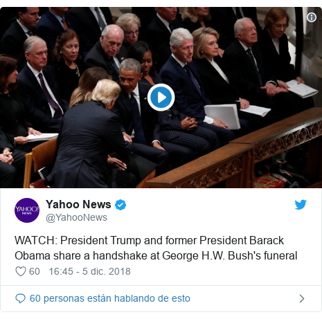 Publicación de Twitter por @YahooNews: WATCH  President Trump and former President Barack Obama share a handshake at George H.W. Bush's funeral 